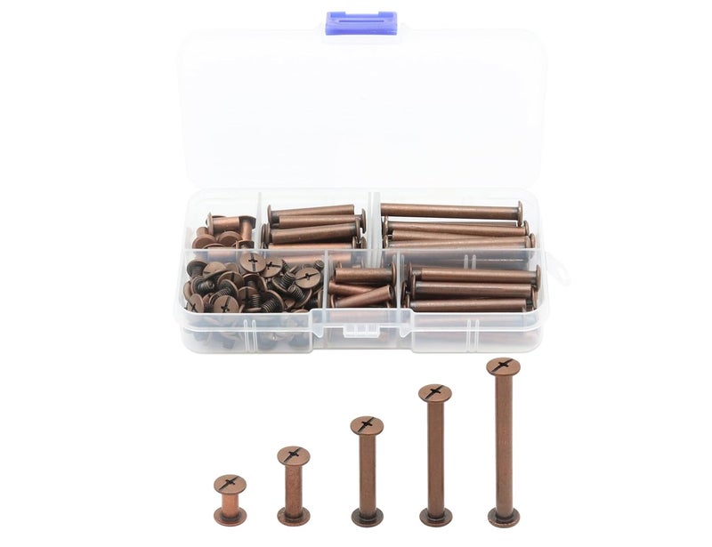 LBY 100pcs Phillips Chicago Screws, M5 x 10/20/30/40/50mm Binding Screw Posts, Binding Barrels and Screws Assortment Kit for Leather Saddles, Purses, Belt Repair, Plating (Red Bronze-Coloured) ﻿ - Image 1